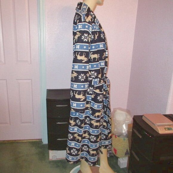 Mens Waffle Knit Wrap Robe Thermal Pockets Moose Fair Isle Knit Belted Cabin EUC - Picture 6 of 10